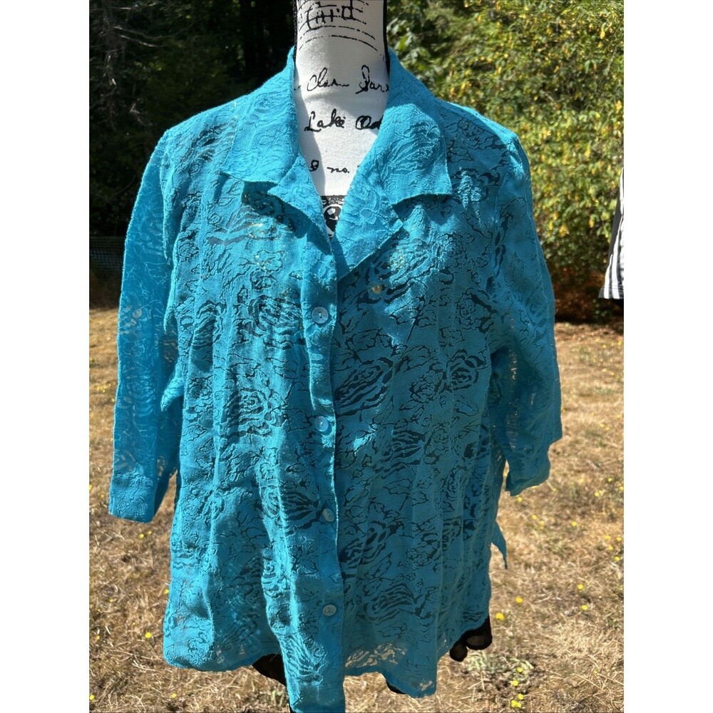 French Laundry Shirt Women 2X Plus Blue Floral Button Up 3/4 Sleeve Collared